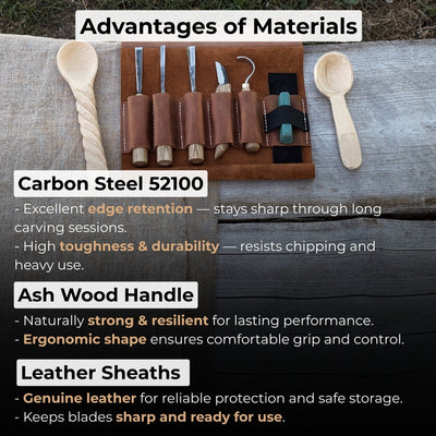 5-piece spoon carving tool set with leather strop and Crazy Horse leather case by Sharky Forged Steel Tools