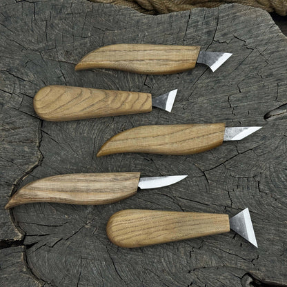 5-piece whittling carving knife set with ash wood handles and high-carbon steel blades