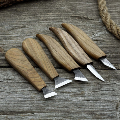 5-piece whittling carving knife set with ash wood handles and high-carbon steel blades