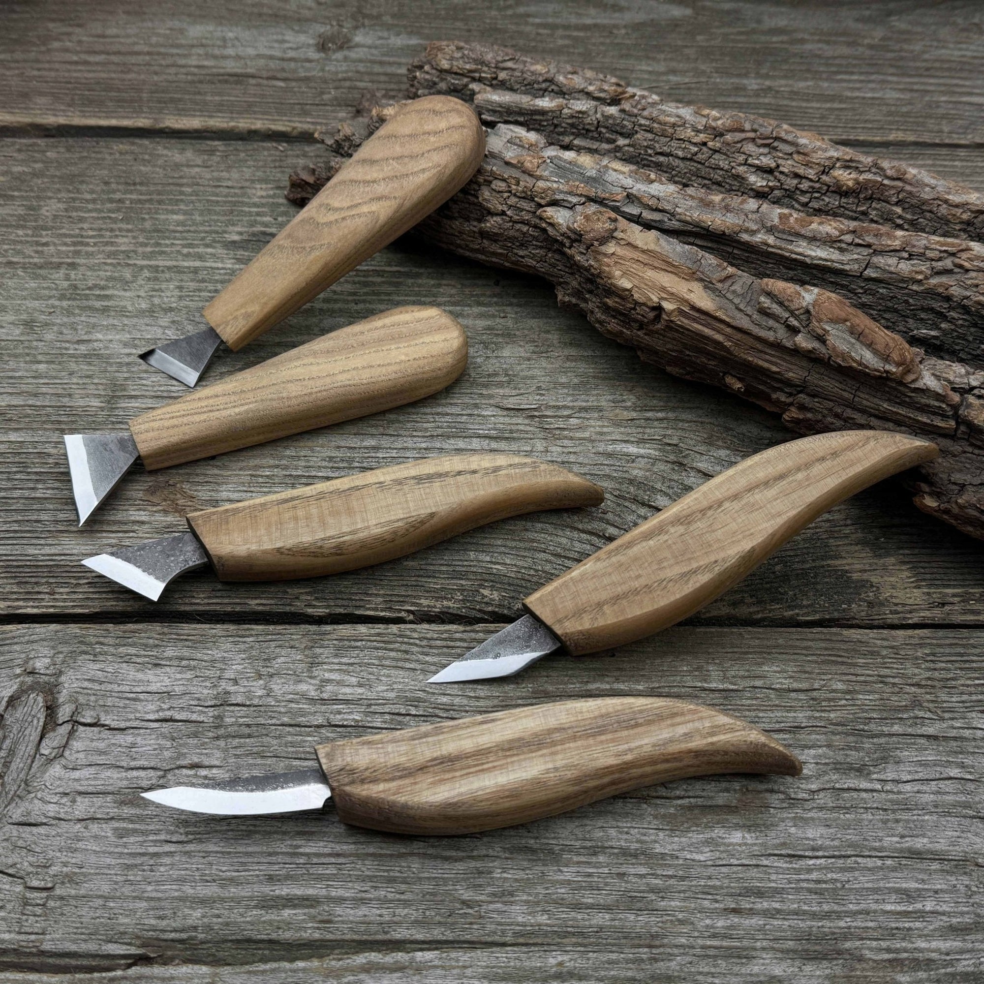 5-piece whittling carving knife set with ash wood handles and high-carbon steel blades