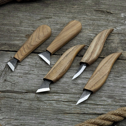 5-piece whittling carving knife set with ash wood handles and high-carbon steel blades