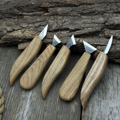 5-piece whittling carving knife set with ash wood handles and high-carbon steel blades