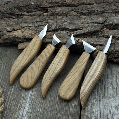 5-piece whittling carving knife set with ash wood handles and high-carbon steel blades