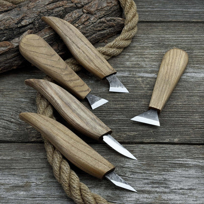 5-piece whittling carving knife set with ash wood handles and high-carbon steel blades