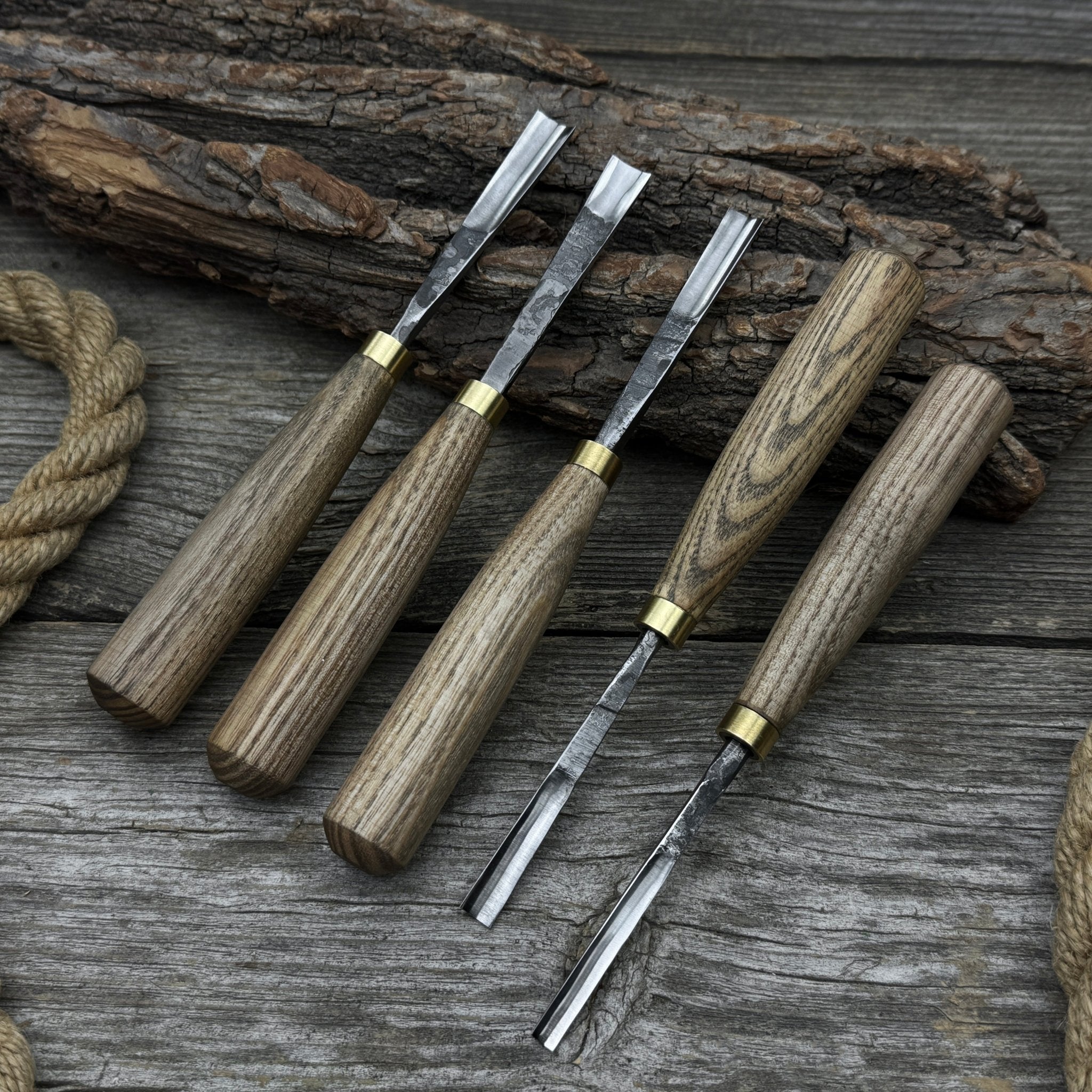 5-piece wood carving chisel and gouge set with ash wood handles and forged steel blades