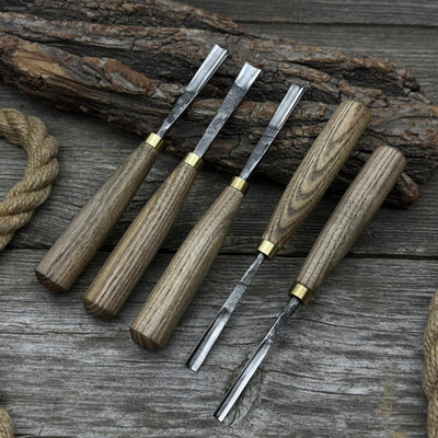 5-piece wood carving chisel and gouge set with ash wood handles and forged steel blades