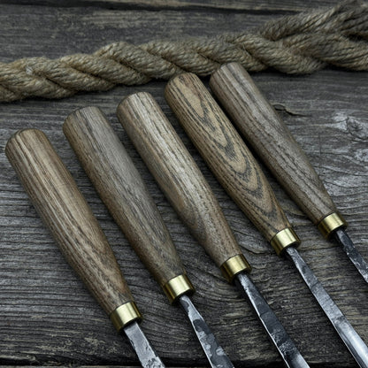 5-piece wood carving chisel and gouge set with ash wood handles and forged steel blades