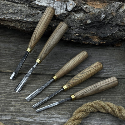 5-piece wood carving chisel and gouge set with ash wood handles and forged steel blades