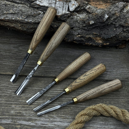 5-piece wood carving chisel and gouge set with ash wood handles and forged steel blades