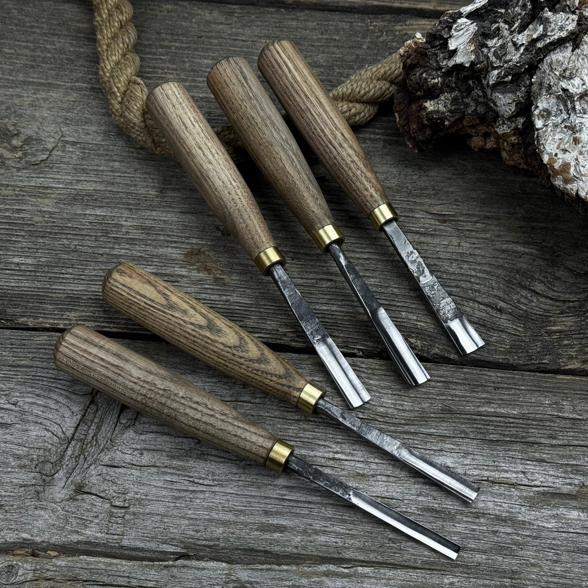 5-piece wood carving chisel and gouge set with ash wood handles and forged steel blades