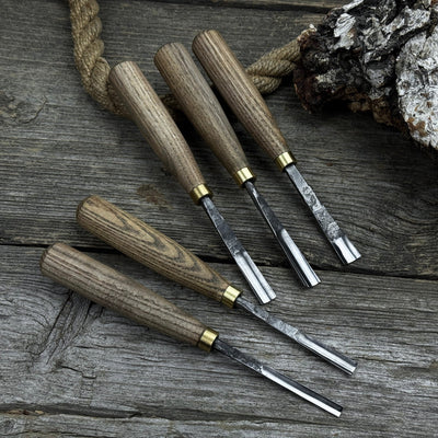 5-piece wood carving chisel and gouge set with ash wood handles and forged steel blades