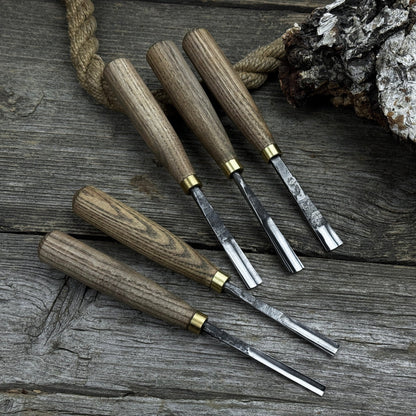 5-piece wood carving chisel and gouge set with ash wood handles and forged steel blades