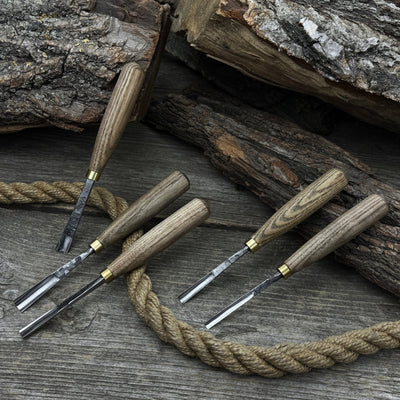 5-piece wood carving chisel and gouge set with ash wood handles and forged steel blades