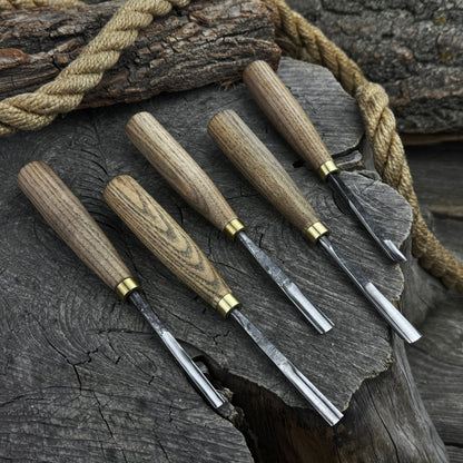 5-piece wood carving chisel and gouge set with ash wood handles and forged steel blades