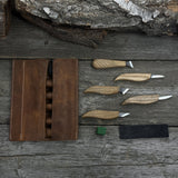 5-piece wood carving knife set with sharpening board and leather case by Sharky Forged Steel Tools