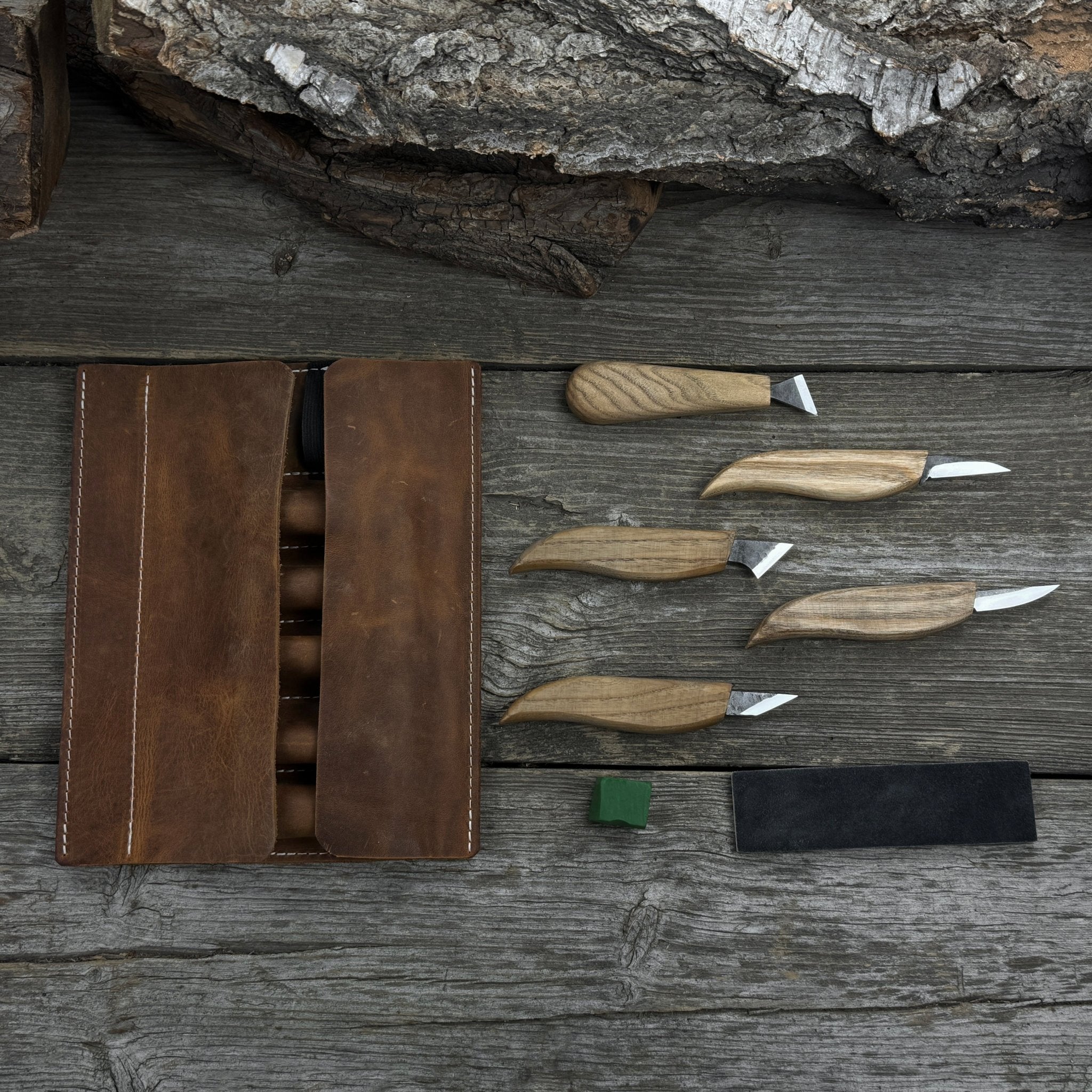 5-piece wood carving knife set with sharpening board and leather case by Sharky Forged Steel Tools