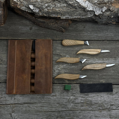 5-piece wood carving knife set with sharpening board and leather case by Sharky Forged Steel Tools