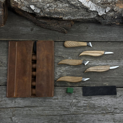 5-piece wood carving knife set with sharpening board and leather case by Sharky Forged Steel Tools