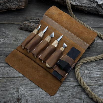 5-piece wood carving knife set with sharpening board and leather case by Sharky Forged Steel Tools