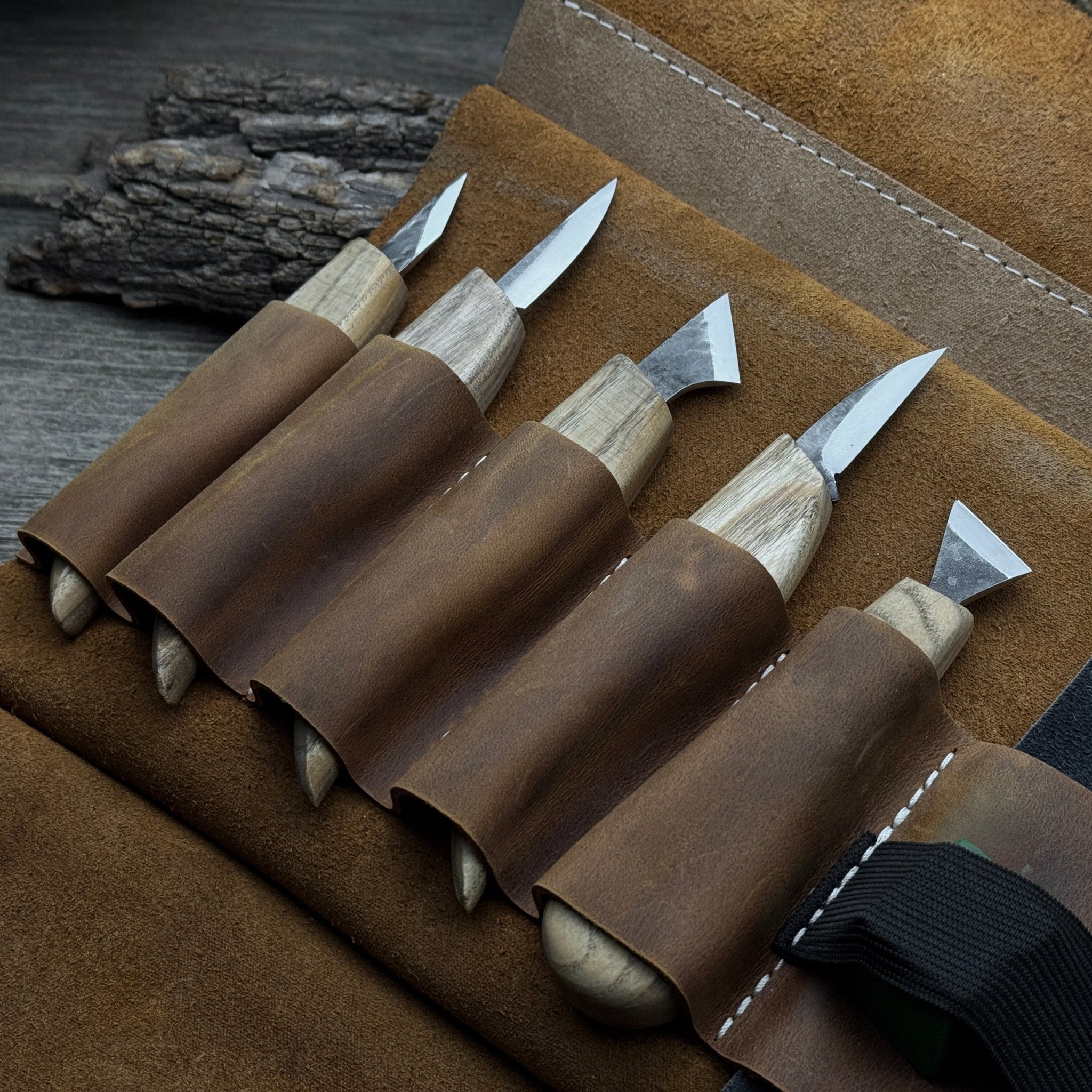 5-piece wood carving knife set with sharpening board and leather case by Sharky Forged Steel Tools