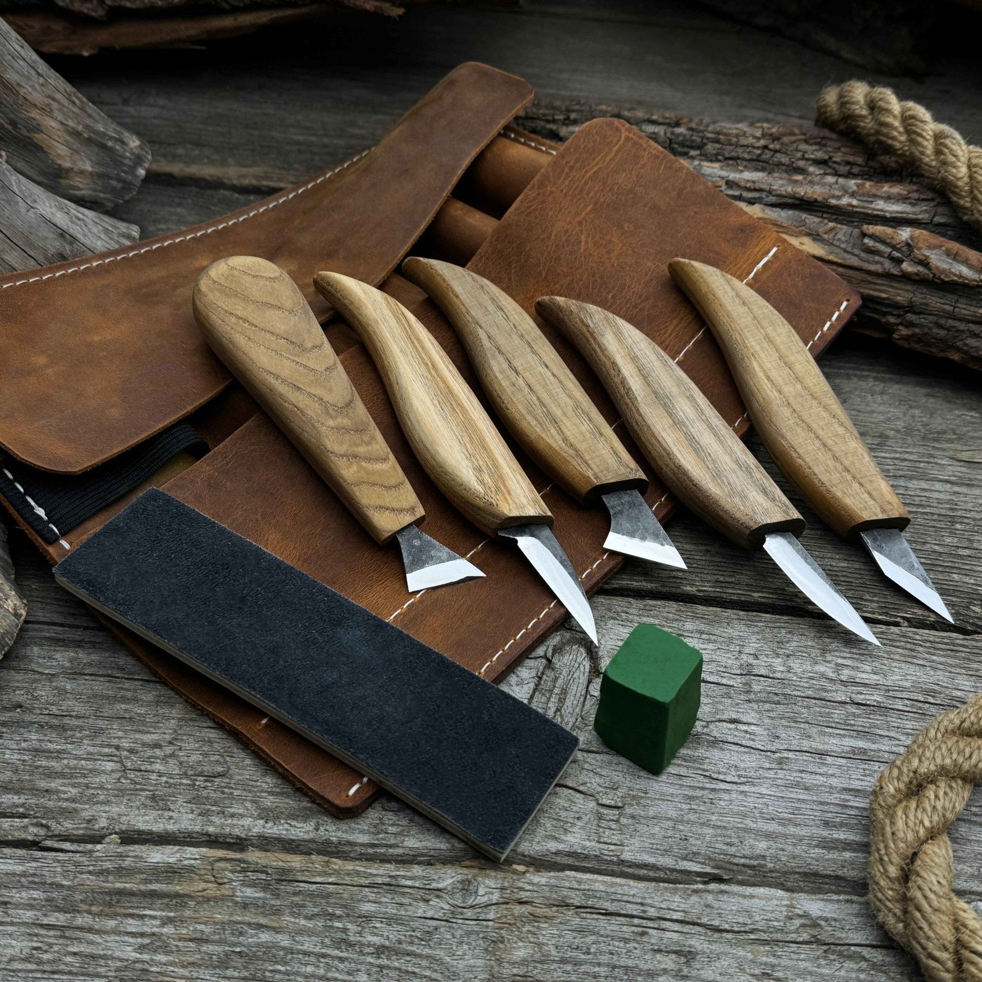 5-piece wood carving knife set with sharpening board and leather case by Sharky Forged Steel Tools