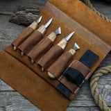 5-piece wood carving knife set with sharpening board and leather case by Sharky Forged Steel Tools