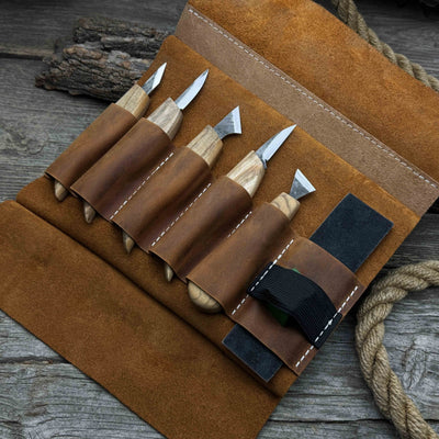 5-piece wood carving knife set with sharpening board and leather case by Sharky Forged Steel Tools