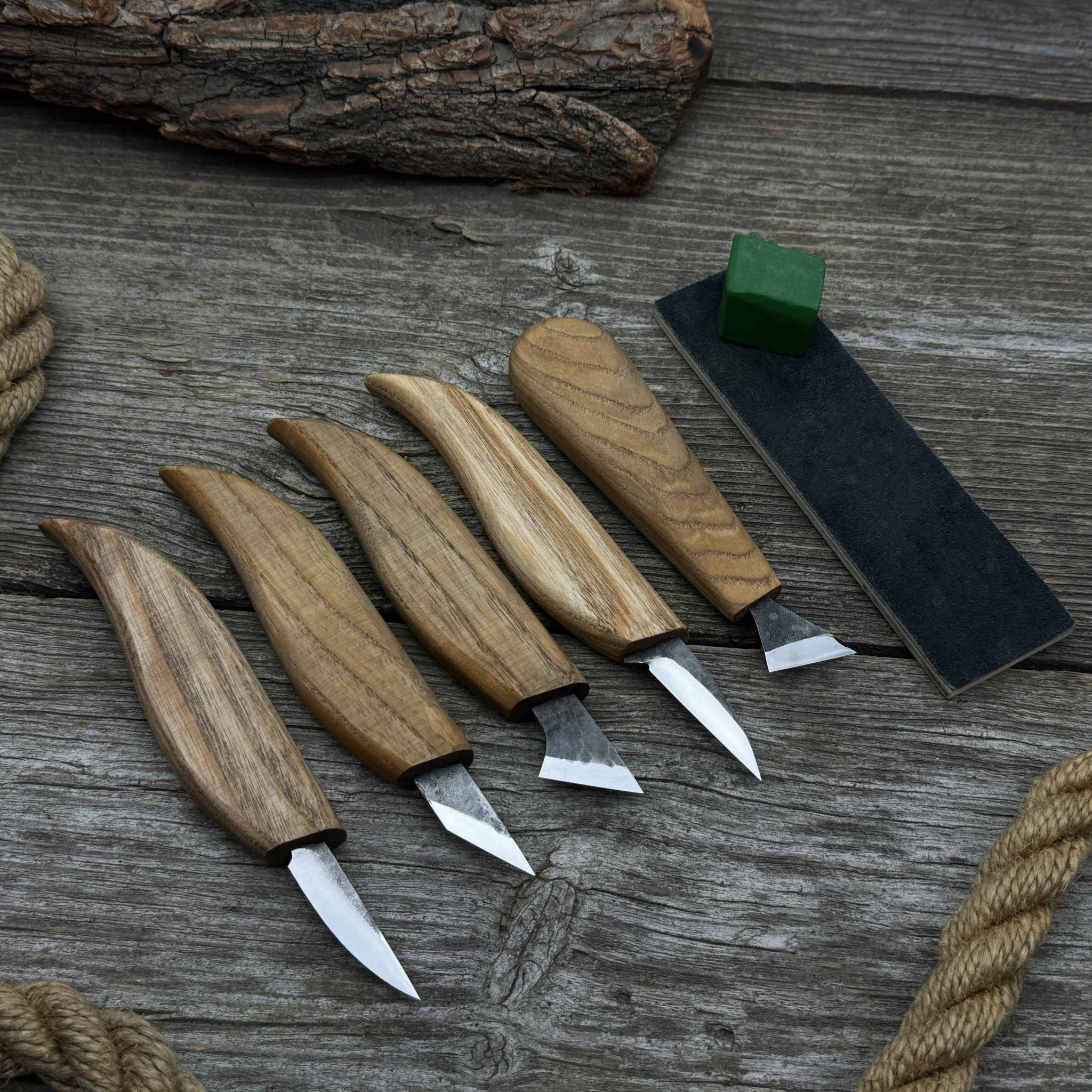 5-piece wood carving knife set with sharpening board and leather case by Sharky Forged Steel Tools