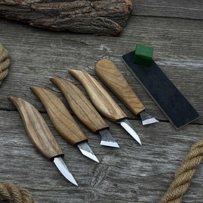 5-piece wood carving knife set with sharpening board and leather case by Sharky Forged Steel Tools