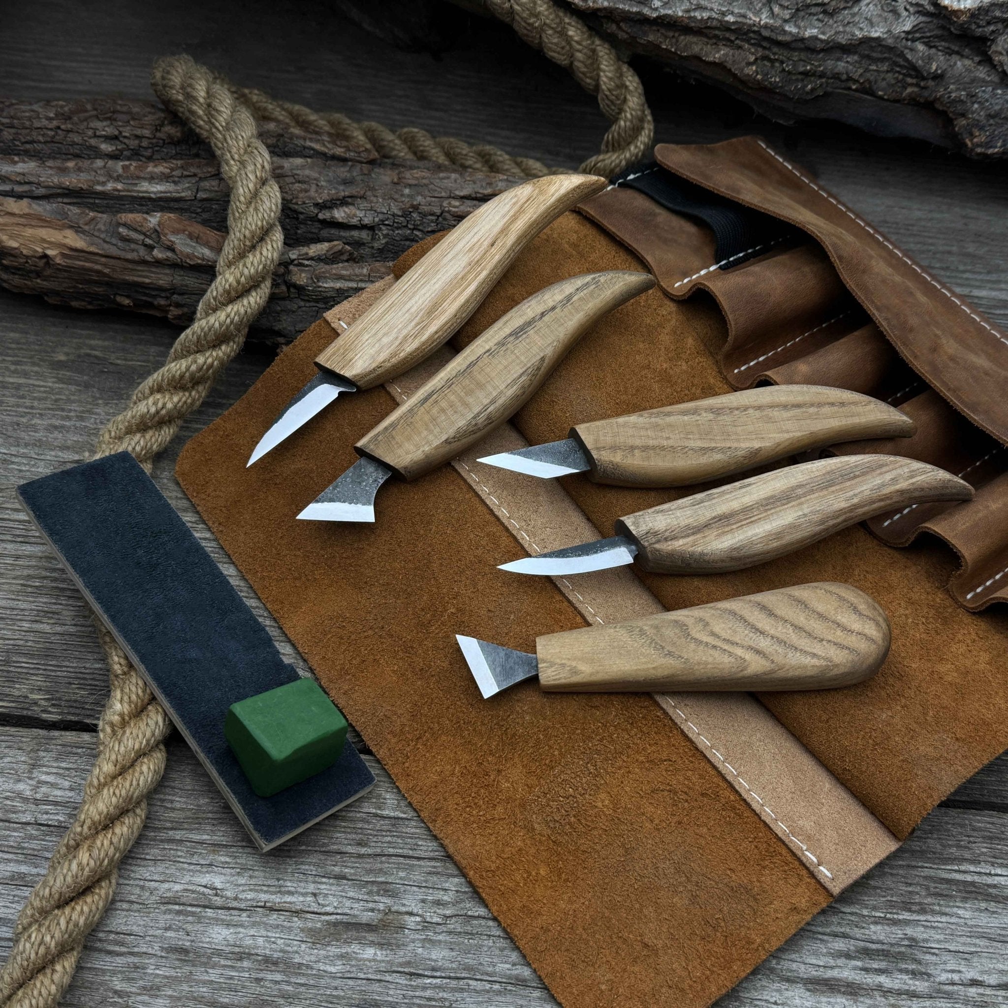 5-piece wood carving knife set with sharpening board and leather case by Sharky Forged Steel Tools