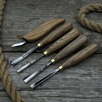 5-piece wood carving set with whittling knife and gouges by Sharky Forged Steel Tools