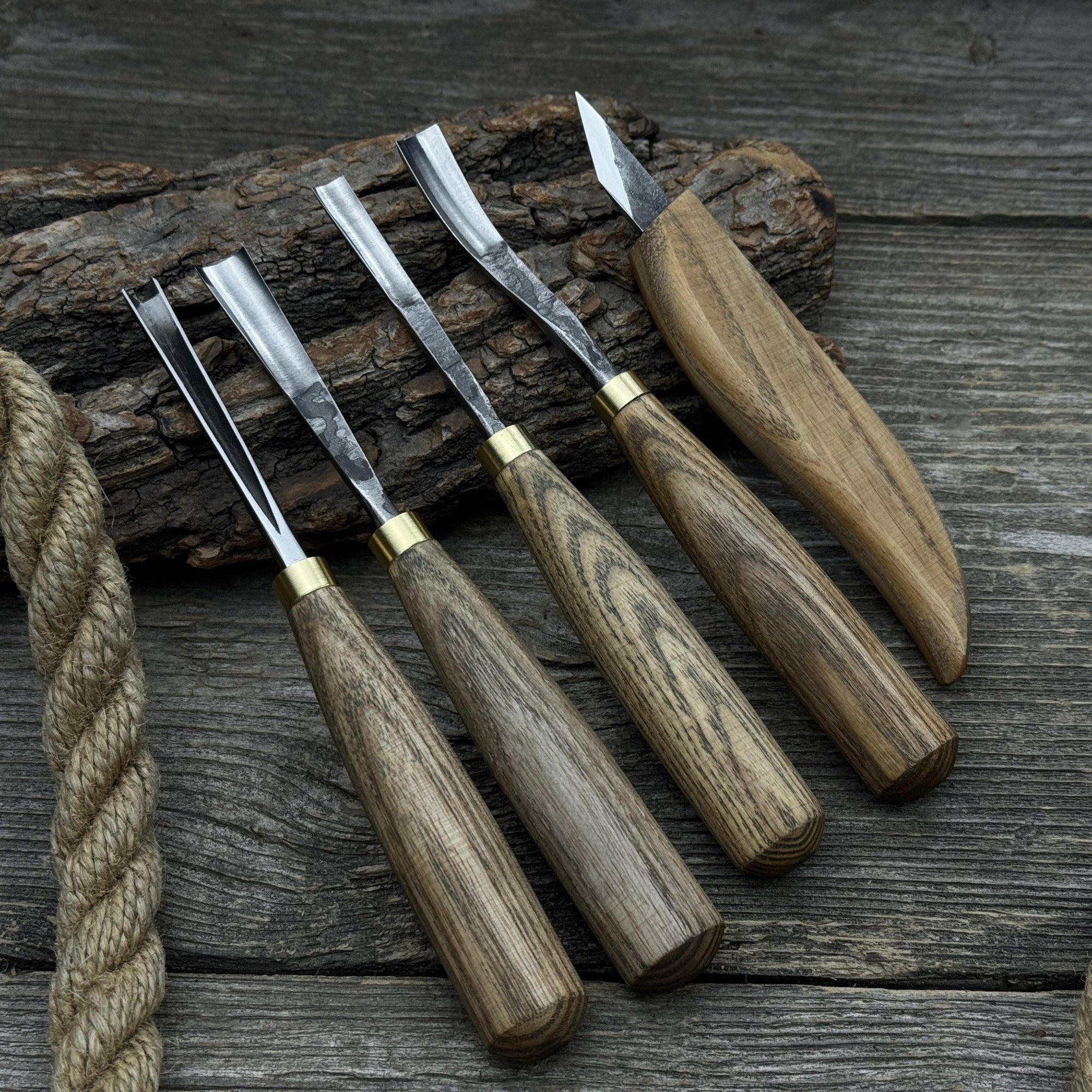5-piece wood carving set with whittling knife and gouges by Sharky Forged Steel Tools