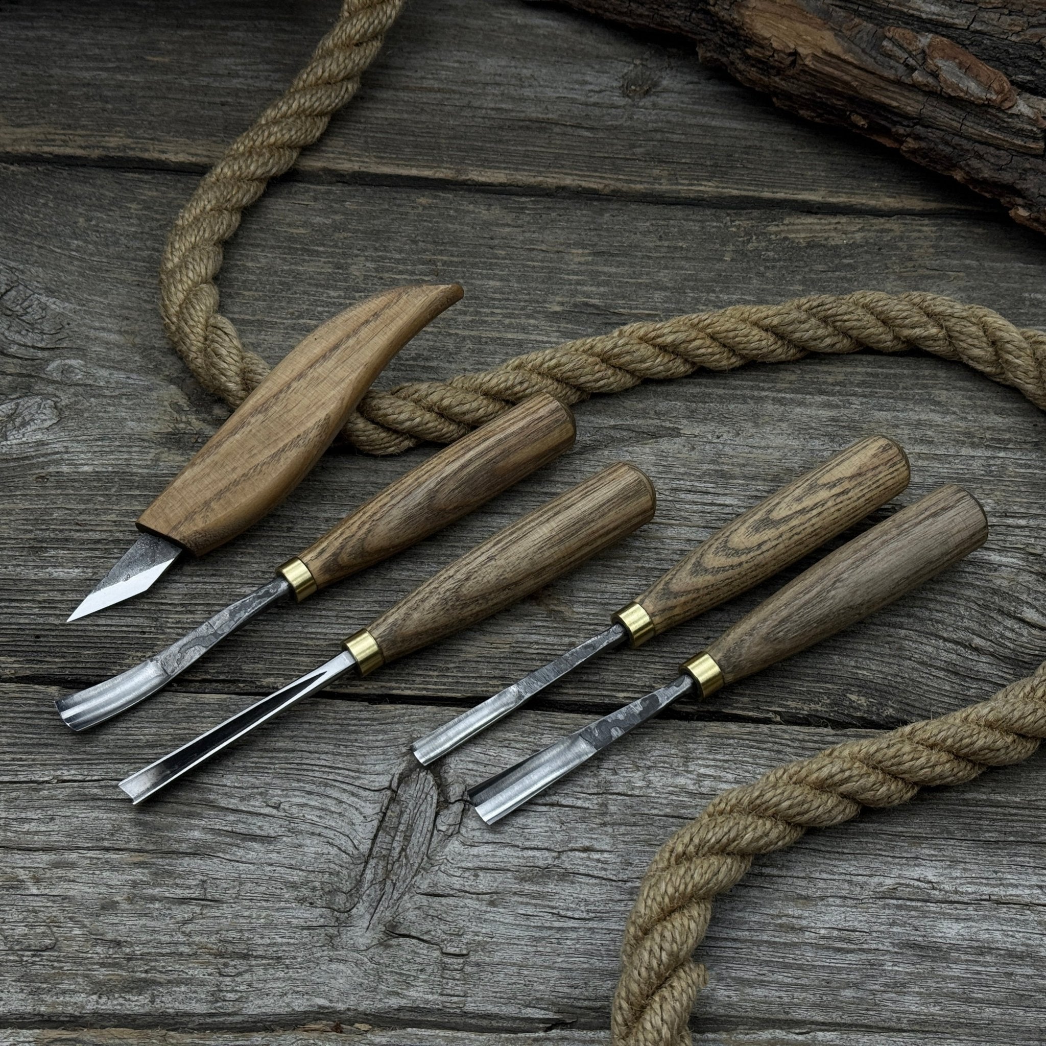 5-piece wood carving set with whittling knife and gouges by Sharky Forged Steel Tools