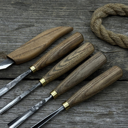 5-piece wood carving set with whittling knife and gouges by Sharky Forged Steel Tools
