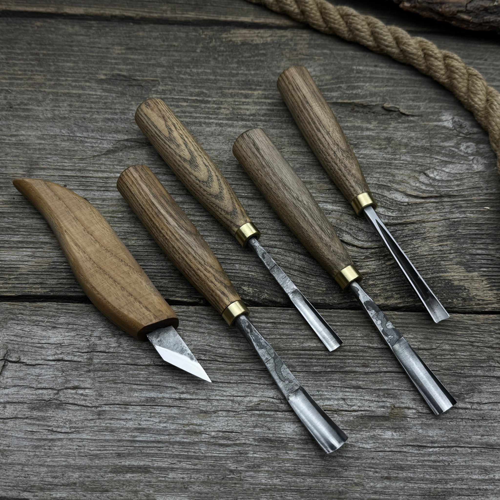 5-piece wood carving set with whittling knife and gouges by Sharky Forged Steel Tools