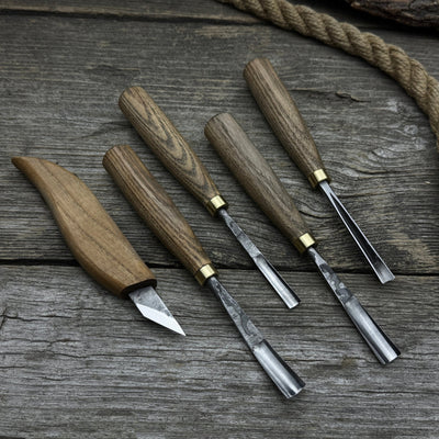 5-piece wood carving set with whittling knife and gouges by Sharky Forged Steel Tools