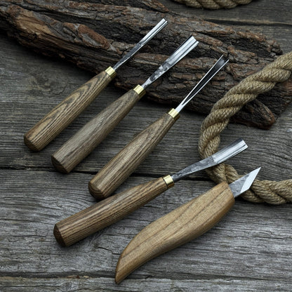 5-piece wood carving set with whittling knife and gouges by Sharky Forged Steel Tools