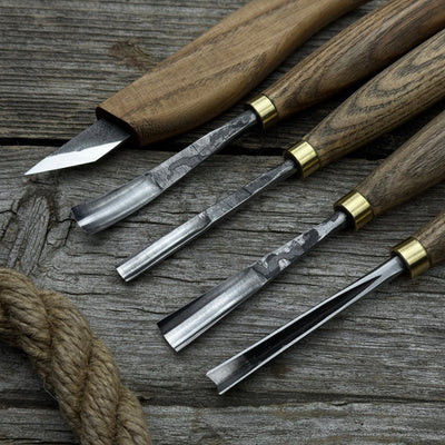 5-piece wood carving set with whittling knife and gouges by Sharky Forged Steel Tools