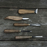 5-piece wood carving tool set including carving knives, chisels, and gouges with wooden handles