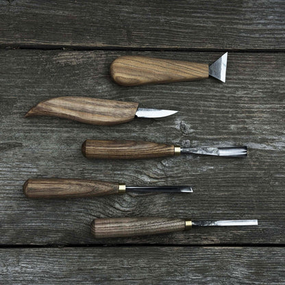 5-piece wood carving tool set including carving knives, chisels, and gouges with wooden handles