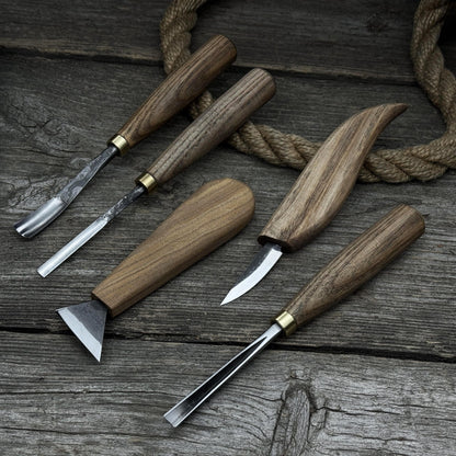 5-piece wood carving tool set including carving knives, chisels, and gouges with wooden handles