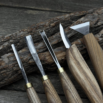 5-piece wood carving tool set including carving knives, chisels, and gouges with wooden handles