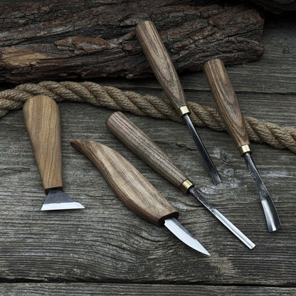 5-piece wood carving tool set including carving knives, chisels, and gouges with wooden handles