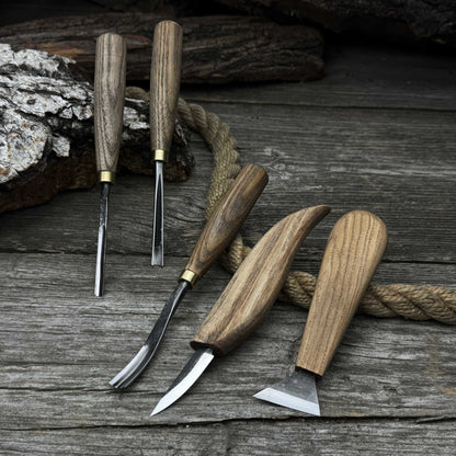 5-piece wood carving tool set including carving knives, chisels, and gouges with wooden handles