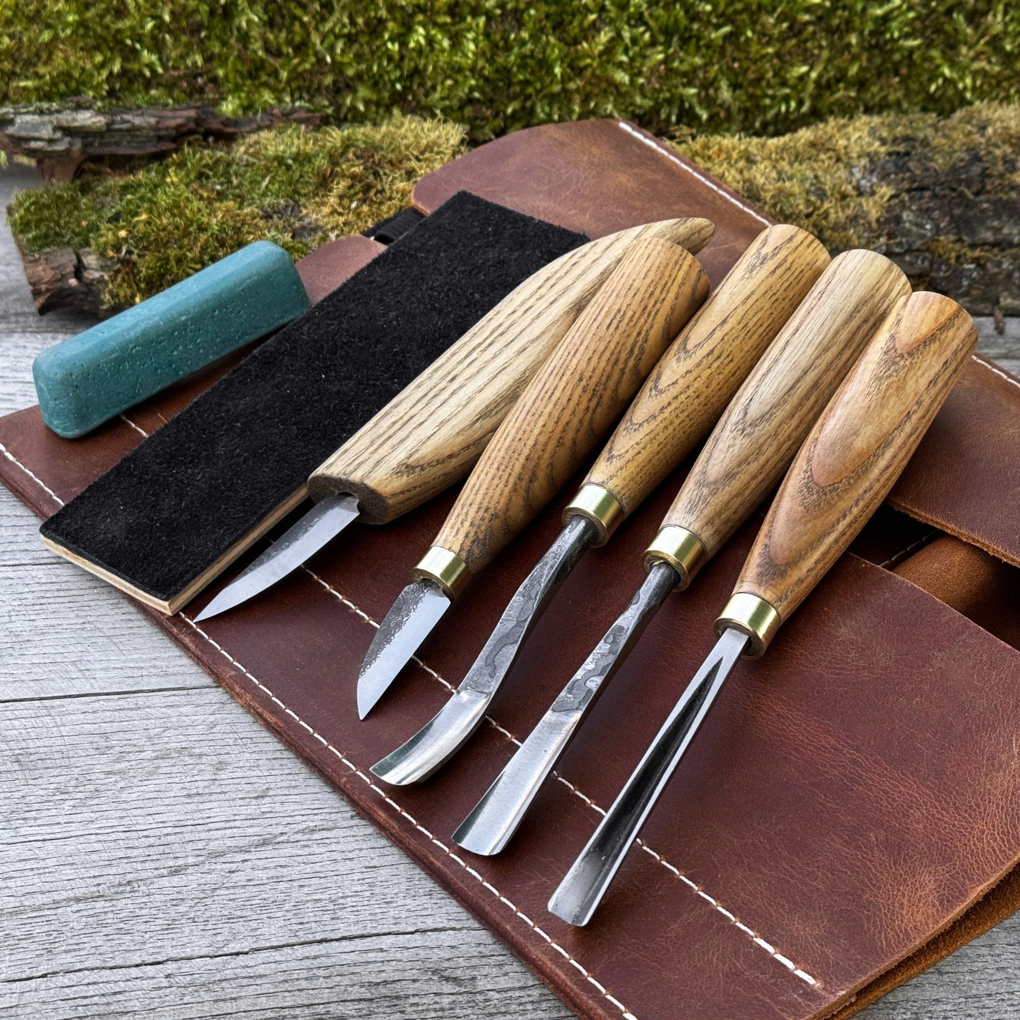 5-piece wood carving tool set with sharpening board and leather case by Sharky Forged Steel Tools