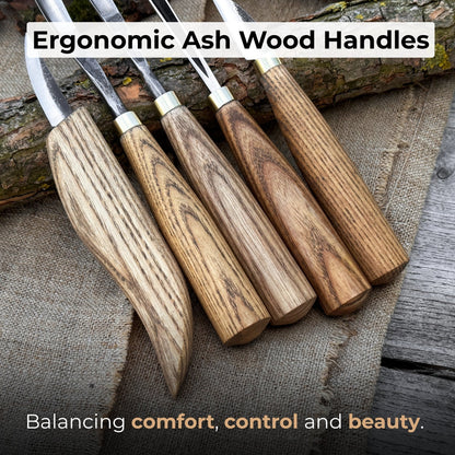 5-piece wood carving tool set with sharpening board and leather case by Sharky Forged Steel Tools