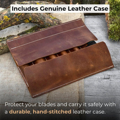 5-piece wood carving tool set with sharpening board and leather case by Sharky Forged Steel Tools