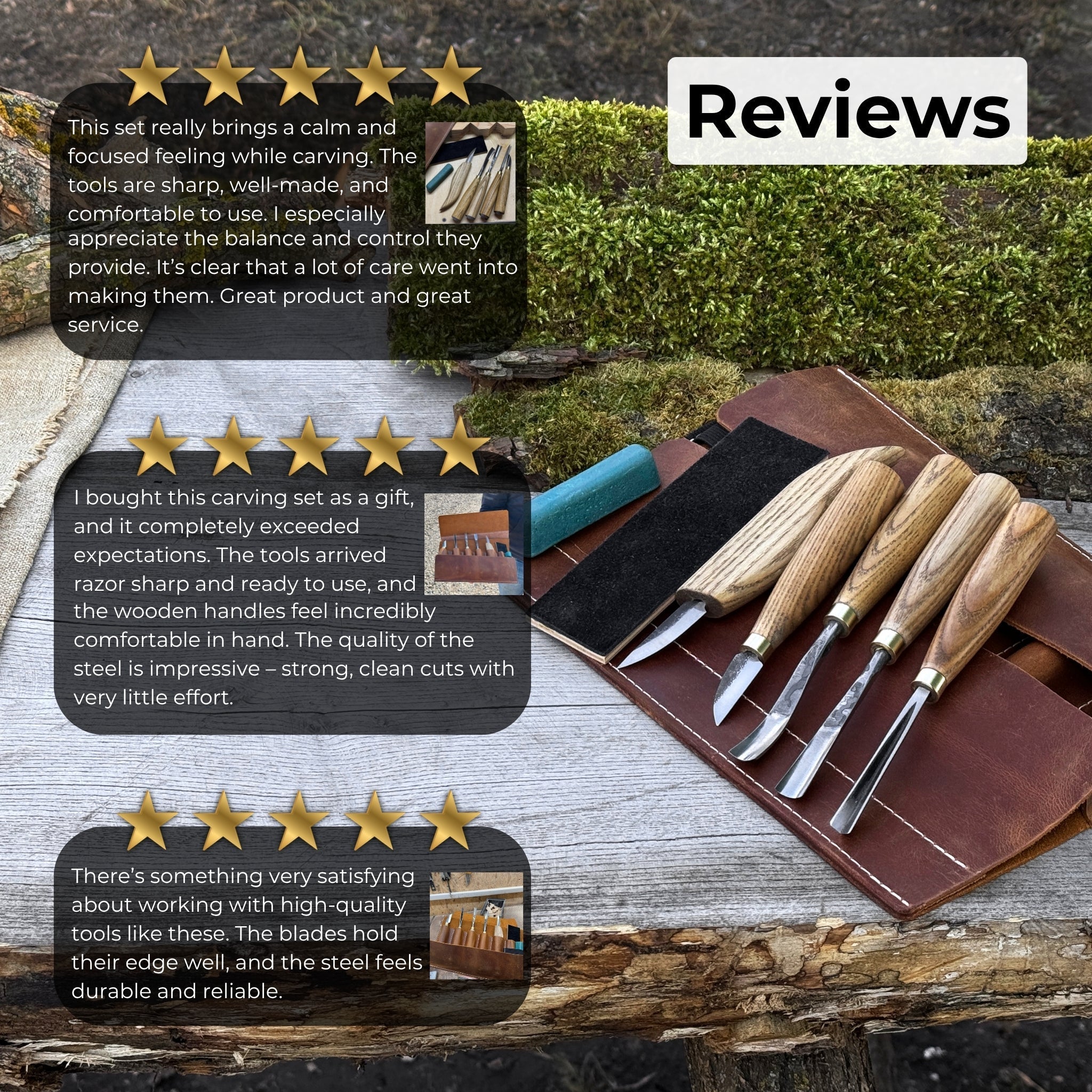 5-piece wood carving tool set with sharpening board and leather case by Sharky Forged Steel Tools