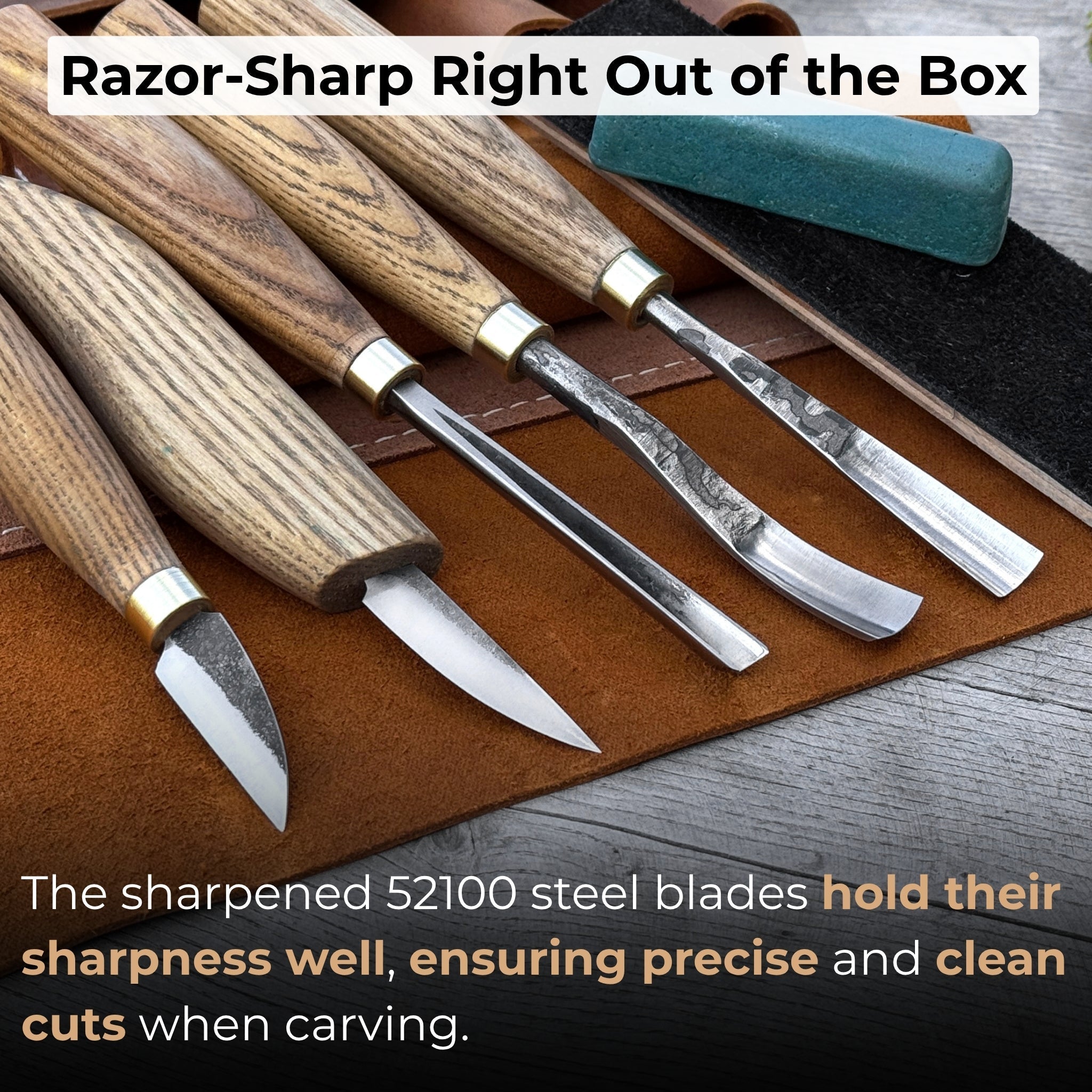 5-piece wood carving tool set with sharpening board and leather case by Sharky Forged Steel Tools
