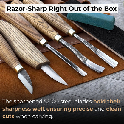 5-piece wood carving tool set with sharpening board and leather case by Sharky Forged Steel Tools